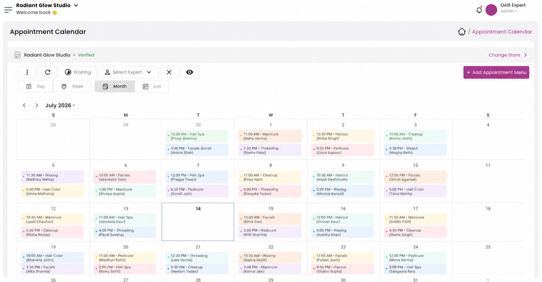 Oxi9 Appointment Calendar Interface